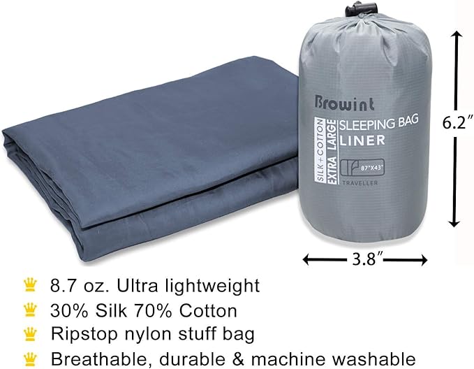Browint Silk/Cotton Travel Sheet with Double Zippers, 87"x43" Extra Wide Sleep Sack for Hotels, Lightweight Sleeping Bag Liner for Camping, Traveler Rectangular with Pillow Pocket …