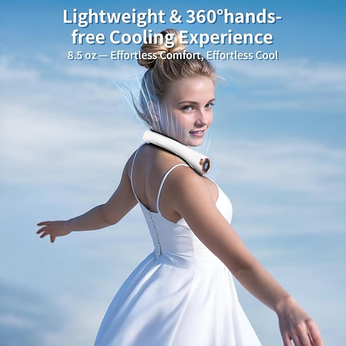 Portable Neck Fan with 6000mAh USB - Rechargeable Battery, Ultra-Light Bladeless Neck Fan LED Display, 360° Cooling Wearable Fan, 3 Speeds (White)