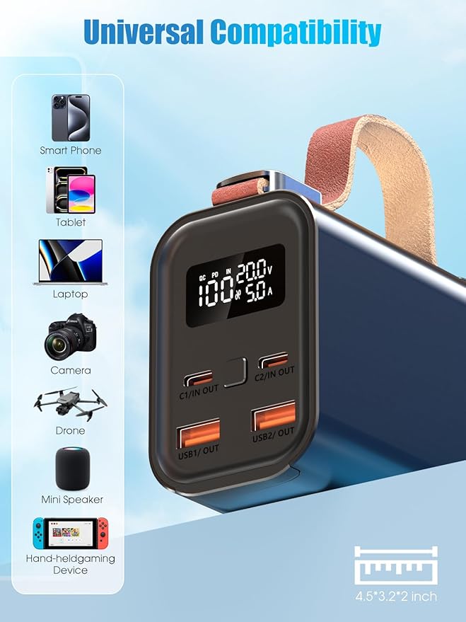 140W Laptop Portable Charger Power Bank 50000mAh(185Wh), Power Station PD 3.1 QC4.0 Fast Charging External Battery Pack Aluminium Alloy with 4 Outputs USB-C LED Light for Outdoor Emergency-Black