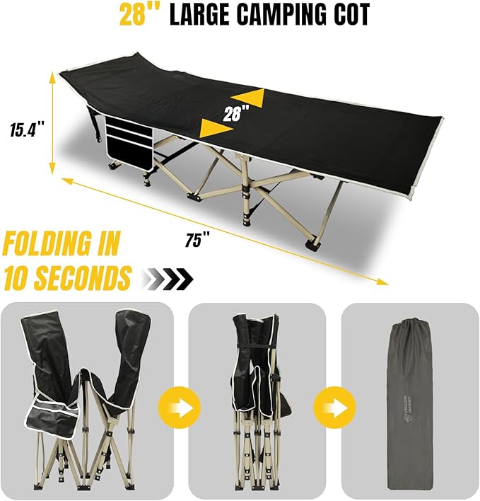 YELLOW JACKET Folding Camping Cot for Adults,600LBS Max Load,28" Wide Sleeping Cot with Removable Thick Mattress Portable Foldable Camping Bed with Carry Bag for Camp,Home,Office,Travel,Black