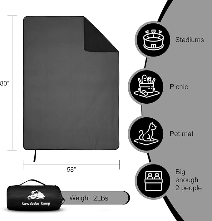 Fleece Waterproof Outdoor Blanket - Windproof Stadium Blanket for Camping, Picnics, and Sports Stay Dry and Comfortable 80"x 58"(Black)