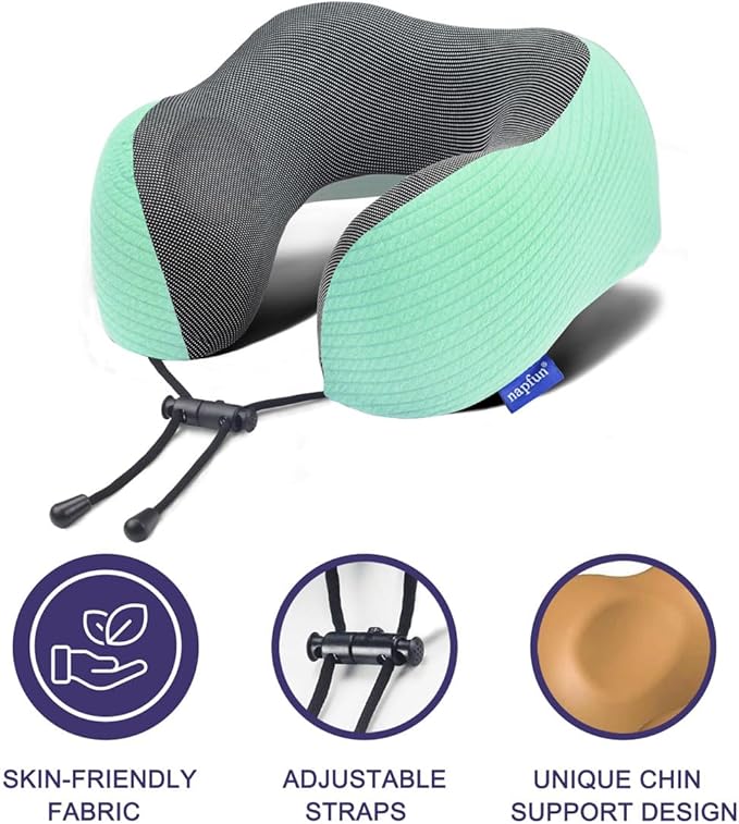 napfun Neck Pillow for Traveling, Upgraded Travel Neck Pillow for Airplane 100% Pure Memory Foam Travel Pillow for Flight Headrest Sleep, Portable Plane Accessories, Striped Turquoise Set