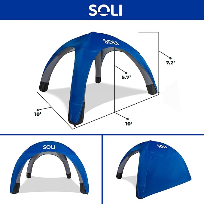 SOLI Inflatable Shade Air Canopy - Quick Self-Inflating Sun Shelter with Air Pump, UPF 50+ Sun Protection, Travel-Friendly, Stable Anchors for Beach, Camping & Backyard Use (Ultra Marine Blue) - 10 ft