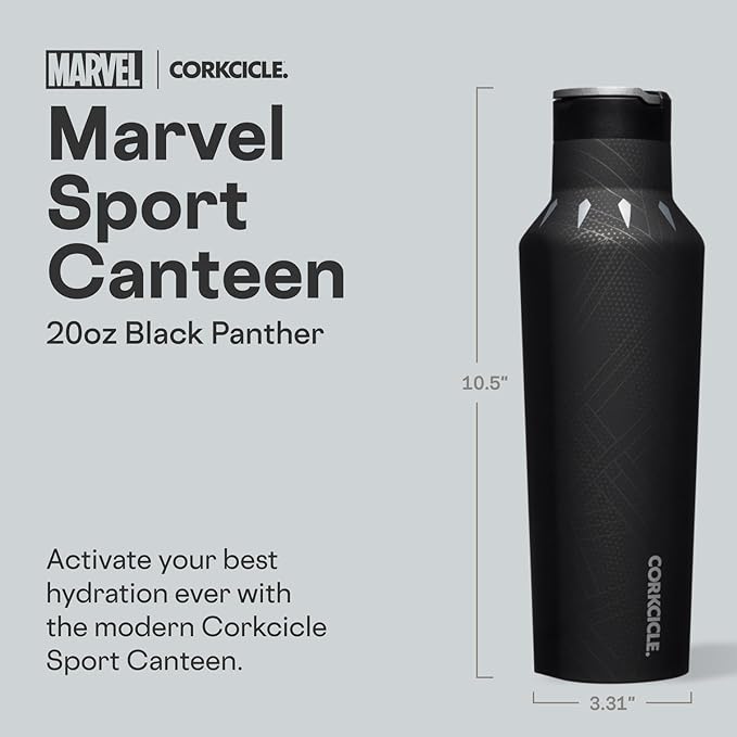 Corkcicle Sport Canteen - Keeps Beverages Cold 25 Hours - Triple Insulated Stainless Steel - Screw-On Lid - Reusable Bottle - Summer Drinkware Gift - Keeps Drinks Ice Cold - 20 oz - Black Panther