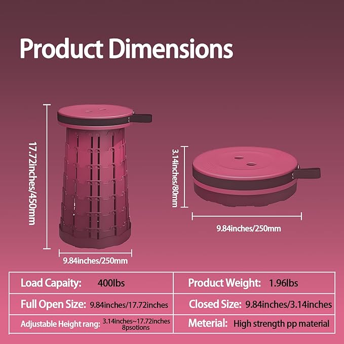 Portable Telescoping Stool, Retractable Folding Stool for Camping Garden Fishing Hiking Travel BBQ, Adjustable Collapsible Stools (Gradient Purple)