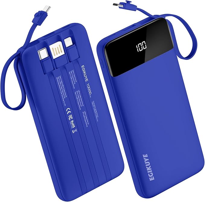 Power Bank 10000mAh Portable Charger with 4 Built-in Cables, Type-C in & Out Phone Charger, External Battery Charger Pack & Travel Essential for iPhone 16/15/14, Samsung, iPad, Android