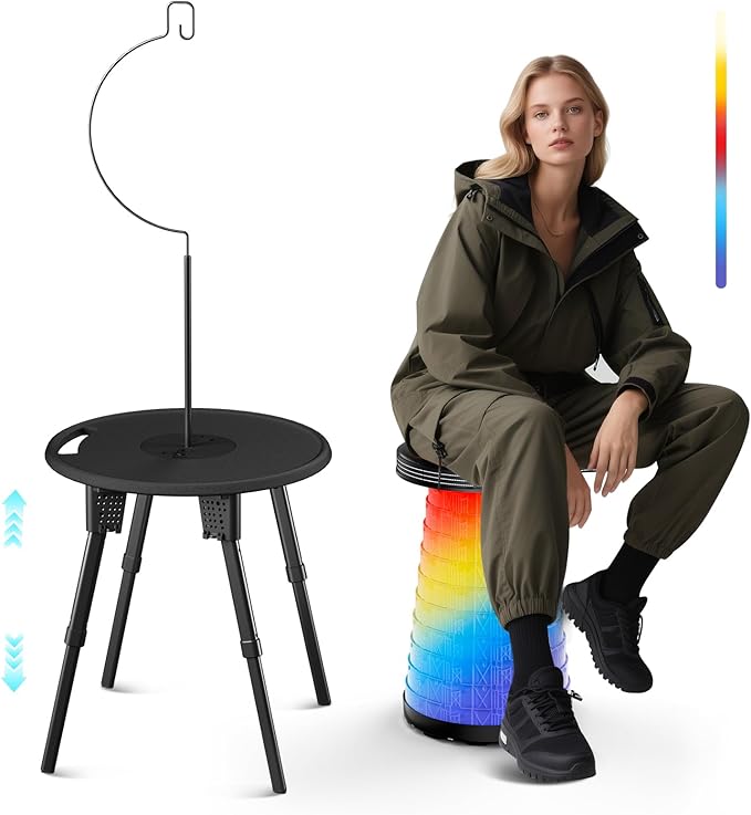 LED Camping Table Set with Stools, 300lbs Capacity Adjustable Height Folding Table & Chairs, All-in-One Compact Design for Outdoor, Camping, Picnic, Tailgating