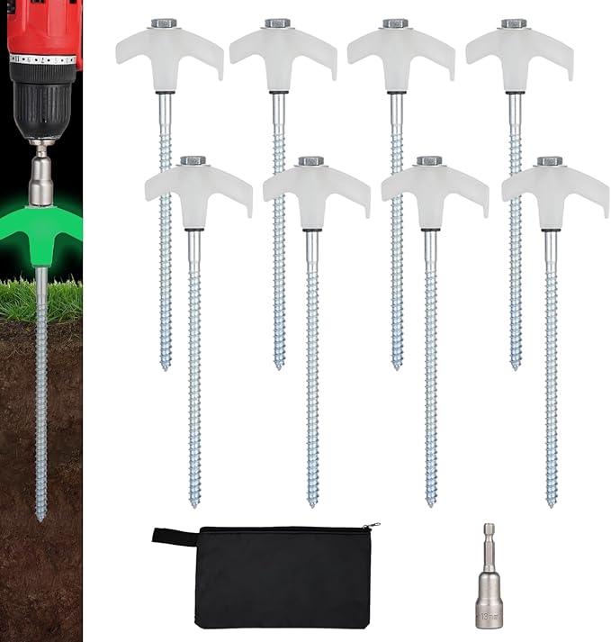 8 Pack Screw in Tent Stakes Heavy Duty,8 Inch Ground Anchors Screw in,Metal Stakes with Hex Head Driver,Camping Tent Accessories.(Luminous White)
