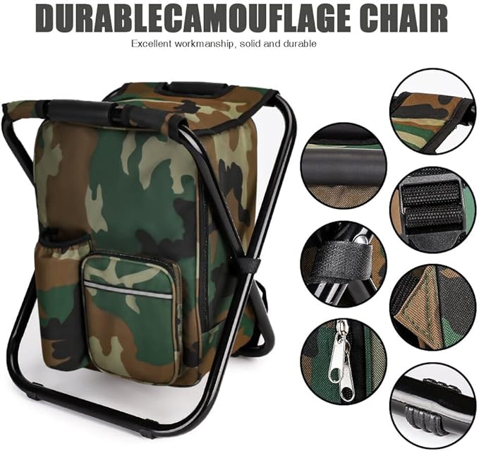 Portable Hiking Camouflage Camping Stool, Folding Camping Chair Stool Backpack with Cooler Insulated Picnic Bag