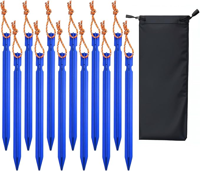 12 Pack Tent Stakes, 7-inch Ultralight Aluminum Ground Pegs with Reflective Pull Ropes, Tri-Beam Stake in a Carrying Bag, for Camping, Backpacking, Hiking, Hammocks and Canopy (Blue)