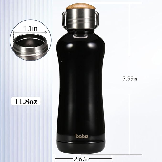 YOHKOH Mini Insulated Water Bottle With Bamboo Lid - 11.8oz Small Vacuum Insulated Water Bottle for Women Kids, 12 Hrs Hot & 24 Hrs Cold Stainless Steel Thermos Leak-Proof BPA-Free (11.8oz,Black)