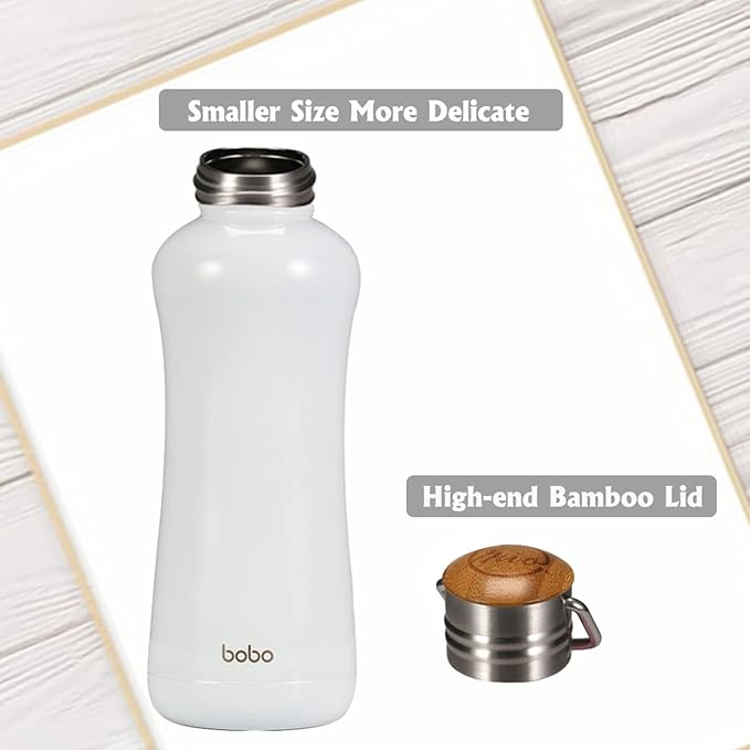 YOHKOH Mini Insulated Water Bottle With Bamboo Lid - 11.8oz Small Vacuum Insulated Water Bottle for Women Kids, 12 Hrs Hot & 24 Hrs Cold Stainless Steel Thermos Leak-Proof BPA-Free (11.8oz,White)