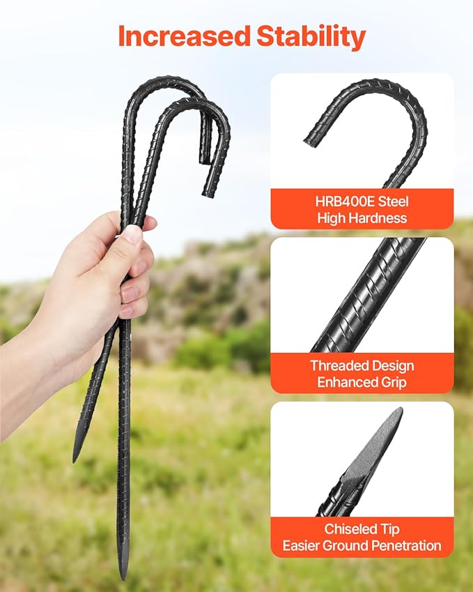 VEVOR Rebar Stakes, 16-Inch, Heavy-Duty 0.4 in Diameter J Hook, Galvanized Steel Ground Anchors with Chisel Point End & Rust-Resistant Coating, for Gardening Support, Fence, Camping Tents (24-Pack)