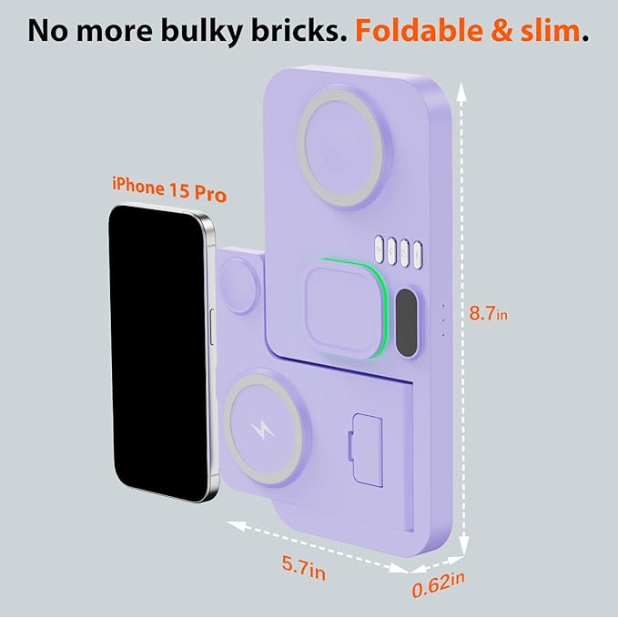 Dual Phone Magnetic Wireless Charging Station for Apple Devices/Apple Ecosystem,with Auto-Switch 7-Color Light & Clock, Compatible with iPhone 17/16/15, for iWatch 11/10/9 & AirPods Pro3(Purple