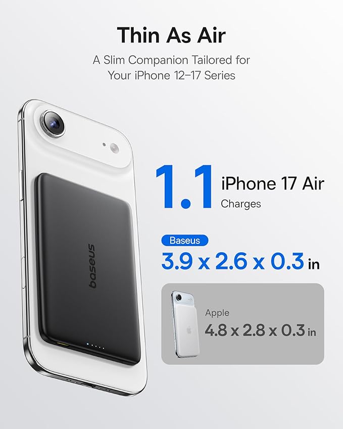 Baseus 0.3" Ultra Slim 5000mAh MagSafe Portable Charger Bundle with 10,000mAh 30W Magnetic Portable Charger Built-in Braided USB-C Cable for iPhone 17 Pro Max/Air/16/15/14/13, AirPods, iPad