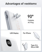 VEEKTOMX Portable Charger with Built in Cables 10000mAh, Power Bank for iPhone with AC Wall Plug, Fast Charging USB C Slim Battery Pack with LED Display Compatible with iPhone 17/16/15/14, Samsung