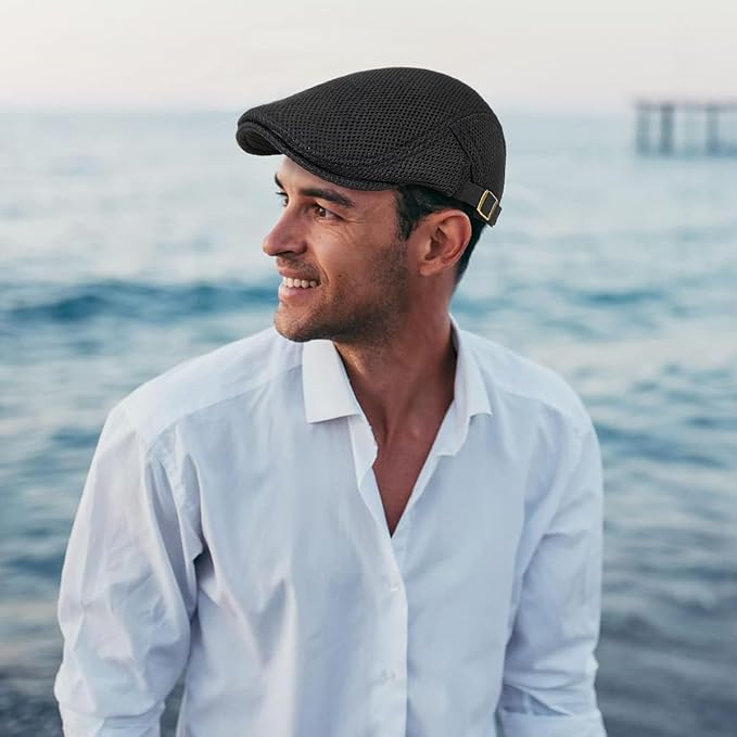 2 Pack Men's Mesh Cap Breathable Summer Newsboy Hat Adjustable Beret Ivy Cap Irish Cabbie Driving Hunting Hats