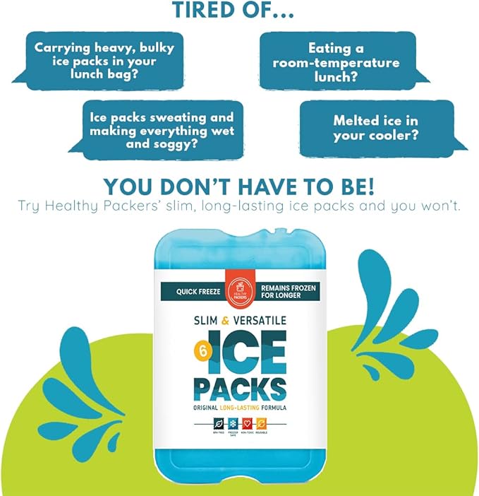 Healthy Packers Ice Packs for Lunch Boxes & Coolers - Freezer Packs - Original Cool Pack | Cooler Accessories for Beach, Camping & Fishing | Slim & Long-Lasting Reusable Ice Pack for Cooler