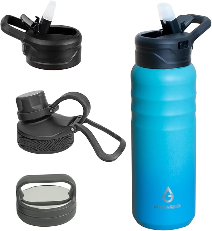 Modern Water Bottle with Straw Lid Dustproof, 3 Lids Vacuum Insulated Stainless Steel Metal Thermos, Reusable Leak Proof BPA-Free Flask for Gym, Travel, Sports-24 Oz Gradient Blue