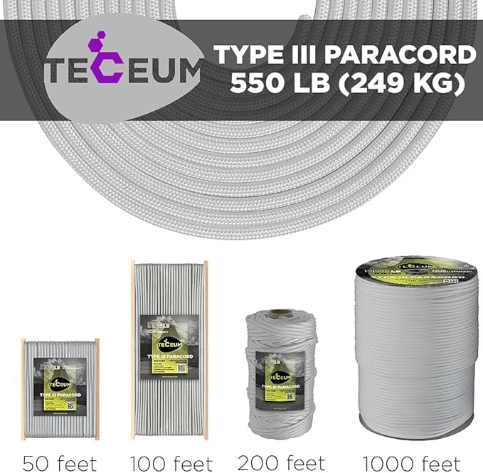 TECEUM 5/32" Paracord Rope 1000 – 1000ft / 200ft / 100ft / 50ft – Tactical Parachute Cord 4mm – 45+ Colors – Nylon String for Survival & Camping Gear – Stripe Cord for Survival – Utility Rope