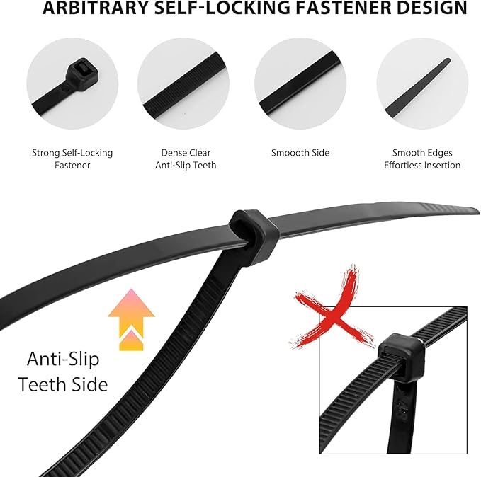 Zip Ties 8 inch, 1000 Pack Black Zip Ties, Self-Locking Nylon Cable Ties with 40 lbs Tensile Strength,Wire Ties for indoor and outdoor use.