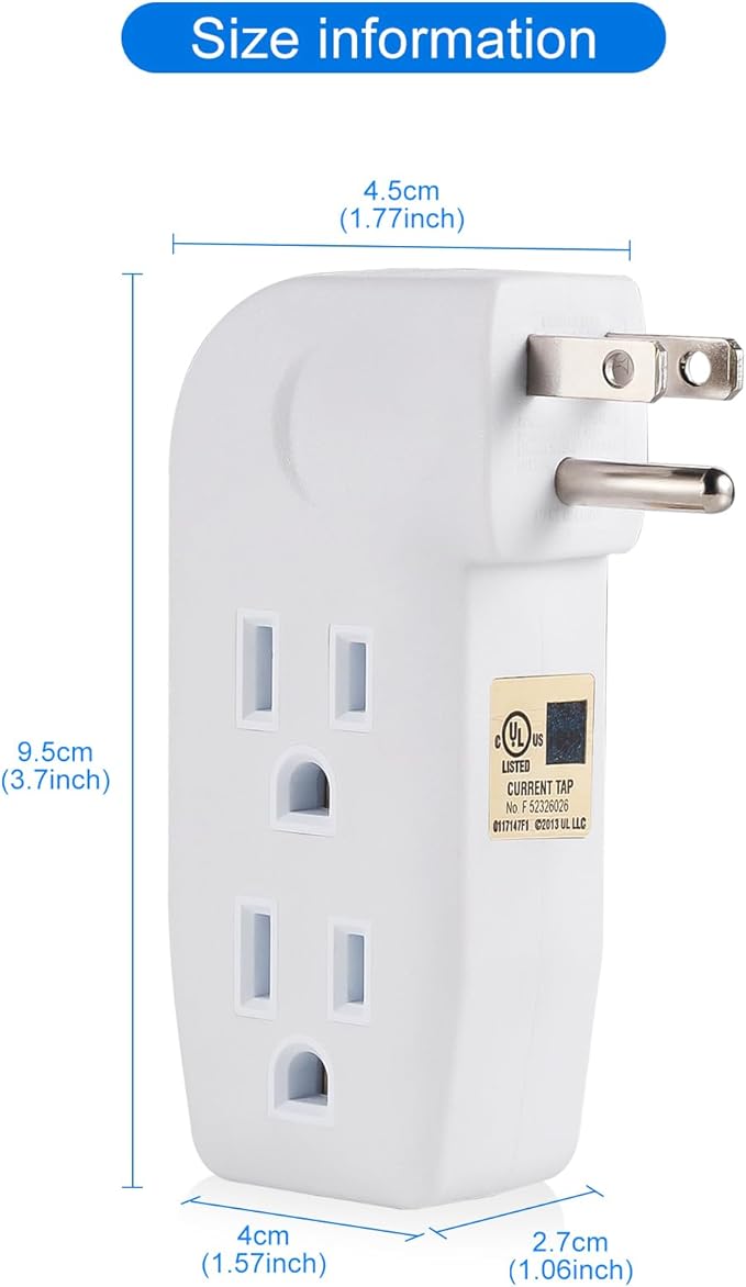 3 Outlet Wall Adapter, UL Listed 1875W/15Amps 3-Prong Grounded Vertical Outlet to The Side, Wall Plug Side Access Adapter, 3 Way Power Splitter Outlet Extender Tap, White (1 Pack)