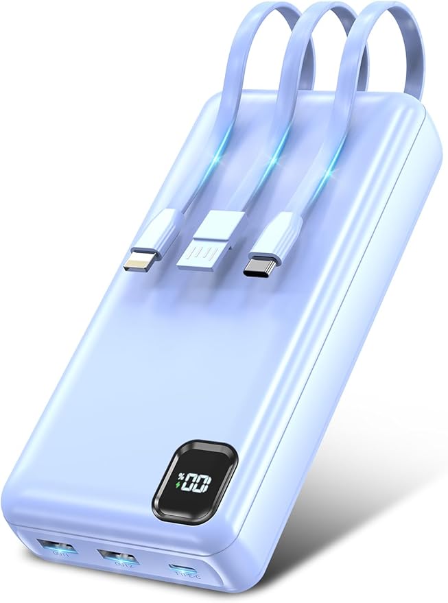 Portable Charger Power Bank 50000mAh Built-in Cables, PD 20W Fast Charging Large Capacity Battery Pack, 5 Output 2 Input LED Display Powerbank Compatible with Phone (Blue)