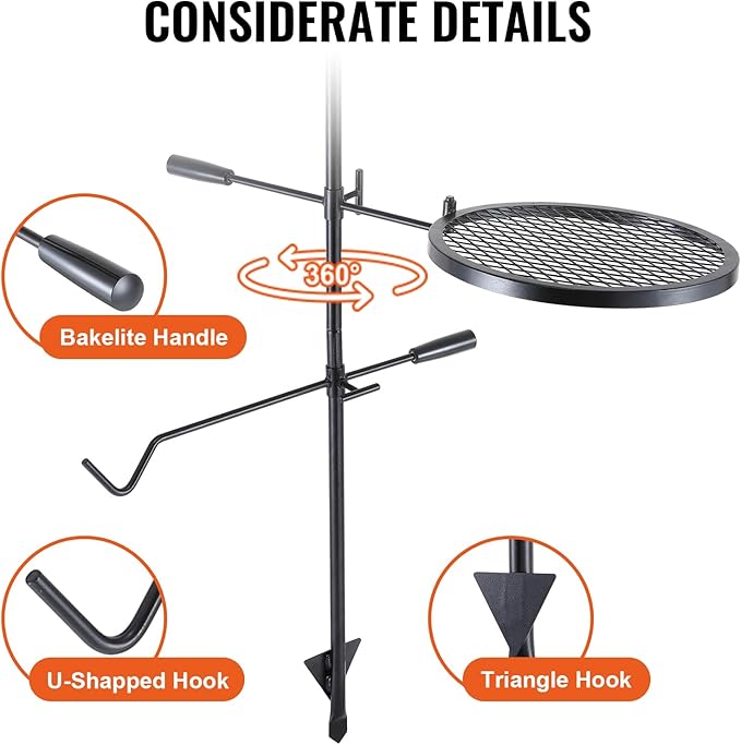 VEVOR Swivel Campfire Grill, Fire Pit Grill Grate over Fire Pits, Heavy Duty Steel Grill Grates, 360° Adjustable Open Fire Outdoor Cooking Equipment, Portable Camp Fire Racks for Camping Outdoor BBQ