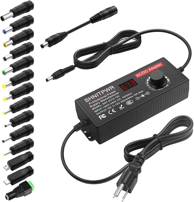 SHNITPWR 4V - 12V Power Supply 10A 120W AC to DC Adapter DC 4V 4.5V 5V 6V 7V 8V 9V 10V 11V 12V Voltage Adjustable Universal Power Converter Transformer 100-240V AC In with 14 Tips & Polarity Converter