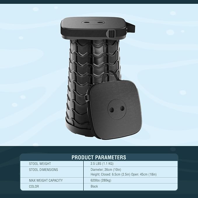 2025 Upgraded Square Collapsible Stool & 3IN1 Cushioned Carry Bag, Adjustable Height Folding Stool, Telescopic Camping Chair Retractable Seat or Footrest for Outdoors & Travel, 18" Max 620lbs