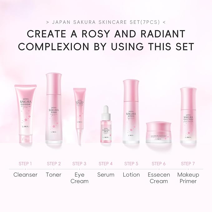 LAIKOU JAPAN SAKURA Skin Care, Skin Care Set with Cleanser, Toner, Lotion, Eye Cream, Makeup Primer, Essence Cream and Serum for Women Mother's Day Valentine's Day Christmas Birthday Beginner Kit 7pcs