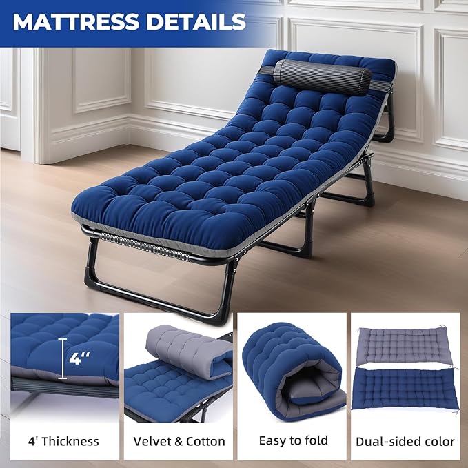 Oxford and Steel Frame 4-Angle Adjustable Foldable Bed Folding Camping Cot Bed with Extra Wide Padded Mattress Support for Adults Outdoor Travel Tent Use(Blue&Gray Mattress,L - 75 * 26'')