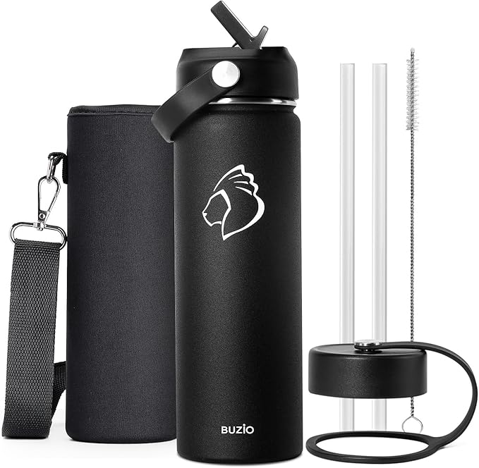 BUZIO 24 oz Insulated Water Bottle, Stainless Steel Wide Mouth Water Flask with Straw Lid, Cold for 48 Hrs Leak Proof Metal Hydro Thermo Canteen Mug, Black