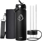 BUZIO 24 oz Insulated Water Bottle, Stainless Steel Wide Mouth Water Flask with Straw Lid, Cold for 48 Hrs Leak Proof Metal Hydro Thermo Canteen Mug, Black