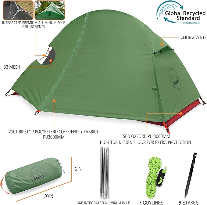 KAZOO Waterproof Backpacking Tent Ultralight 1/2 Person Lightweight Camping Tents 1/2 People Hiking Tents Aluminum Frame Double Layer