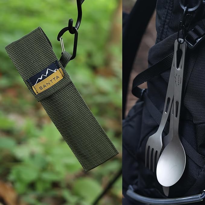 SANTTA Titanium Camping Utensils, Ultra Light Spoon Fork Knife 3 Piece Set, Cutlery Set with Pouch and Carabiner for Outdoor Camping, Hiking, Backpacking, Hiking, Picnic and Travel