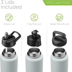 SipX™ Triple-Insulated Stainless Steel Water Bottle 40oz. With 3 Lids, BPA-Free Reusable Insulated Water Bottle Keeps Cold 24 Hours, Metal Water Bottle Made Of Sustainable Material For Hiking & Biking