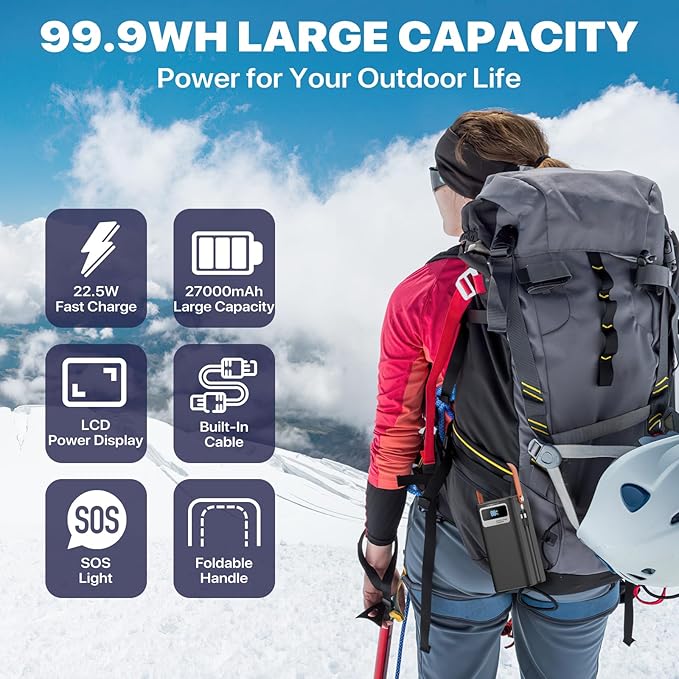 Portable Power Bank Station 99Wh Outdoor Generator with Flashlight LCD Display Backup Phone Battery Pack Portable PD Fast Charger for Laptop Cellphone Travel Camping Home Use