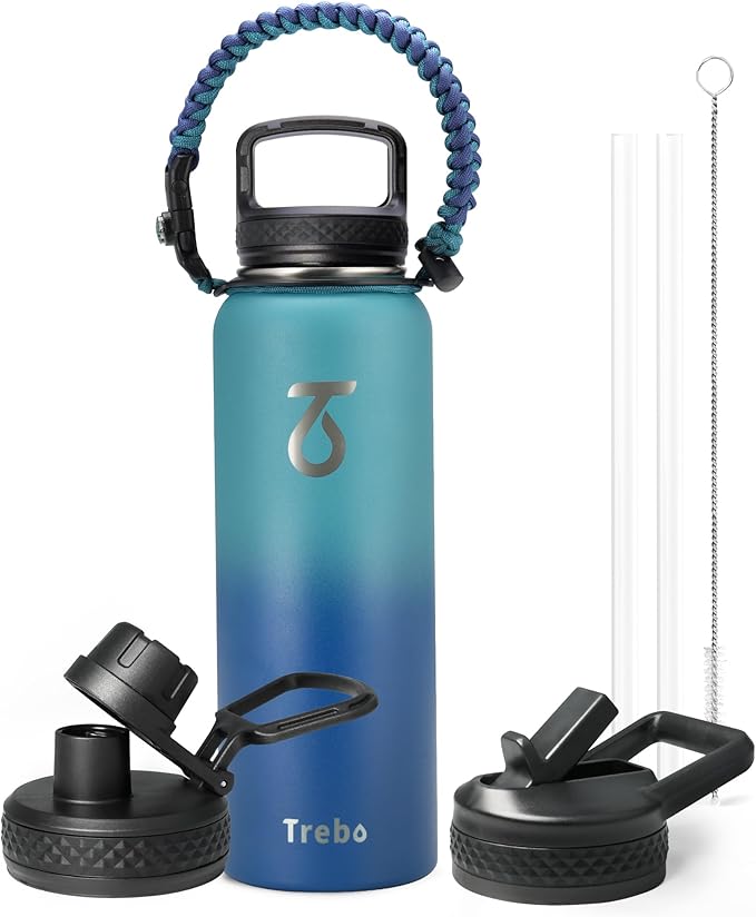 Trebo 40oz Water Bottle Insulated with Lid and Straw,Double Wall Vacuum Stainless Steel Tumbler Sports Flask with Paracord Handle, Keep Hot 24 Hours & Cold 48 Hours Water Jug with 3 Lids, Cyan Blue