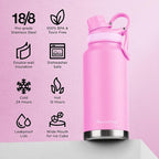 ThermoProof Double-Walled Vacuum Insulated Stainless Steel Water Bottle - Wide Mouth Canteen, Spout & Straw Lids, Dishwasher Safe, Reusable, Leakproof, Hot & Cold for Men, Women & Kids - 32oz, Pink