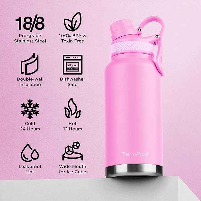 ThermoProof Double-Walled Vacuum Insulated Stainless Steel Water Bottle - Wide Mouth Canteen, Spout & Straw Lids, Dishwasher Safe, Reusable, Leakproof, Hot & Cold for Men, Women & Kids - 32oz, Pink