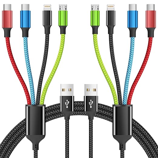 Travel Essentials Multi Charging Cable [2Pack 5FT], Car Accessories 4 in 1 Charging Cords, USB Cable Phone Charger with IP/Type C/Type C/Micro, Compatible with Most Phones/Tablets and More