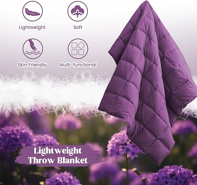 puredown® Lightweight Packable Couch Throw Soft Feather Down Throw Blanket for Indoor and Outdoor Use, 50"X70", Purple
