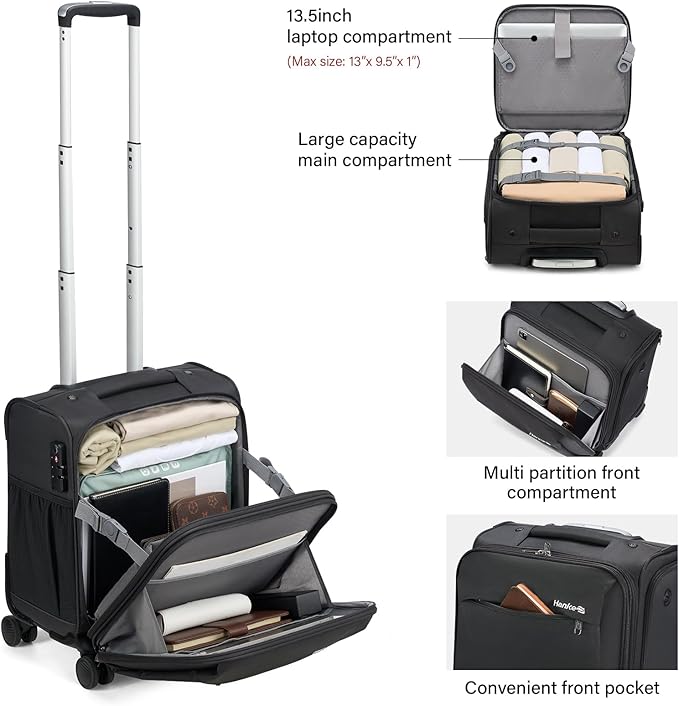 Hanke 16 Inch Underseat Carry On Luggage with Wheels Small Suitcase Softside Luggage Bags for Travel Lightweight Suitcases with Wheels Travel Luggage Personal Item for Men and Women(Dark Gray)