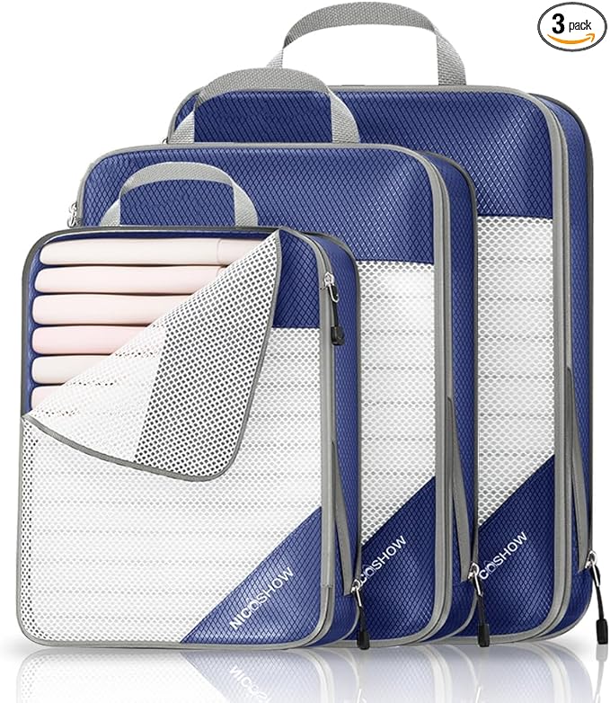 3 Set Compression Packing Cubes for Travel - Compressible, Lightweight, and Space-Saving Packing Cubes, Travel Essentials for Women, Navy