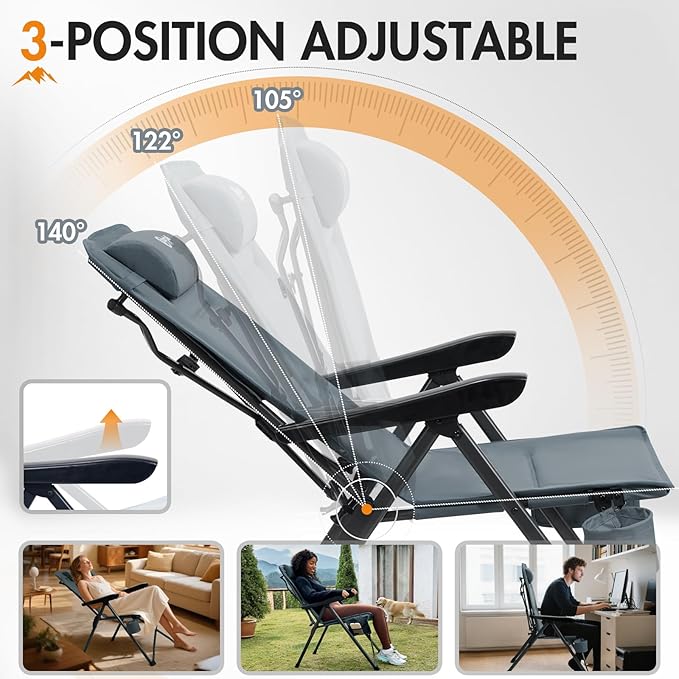 Portal Reclining Camping Chair, High Back Folding Lawn Chair with Adjustable Reclining for Adults, Oversized Chair for Garden, Porch, Outdoor Camping
