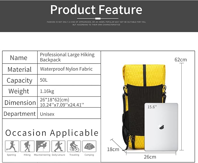 Hiking Backpack,40L to 50L Extra Large Capacity Hiking Bag,Internal Frame Camping Backpack,Upgraded X-PAC Lightweight Sport Daypack Travel Backpack Fit For Mountain Climbing Camping(Yellow)