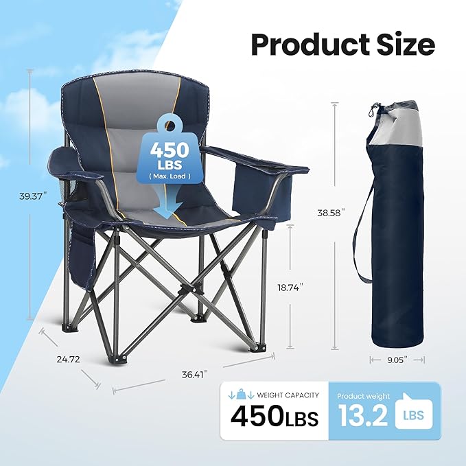 HIGH POINT SPORTS Oversized Portable Camping Folding Chair, Heavy Duty Portable Lawn Chairs, Folding Chairs for Outside with Cup Holder and Cooler Bag for Camp, Travel, Support 450 LBS, 2 Pack,Blue