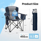 HIGH POINT SPORTS Oversized Portable Camping Folding Chair, Heavy Duty Portable Lawn Chairs, Folding Chairs for Outside with Cup Holder and Cooler Bag for Camp, Travel, Support 450 LBS, 2 Pack,Blue