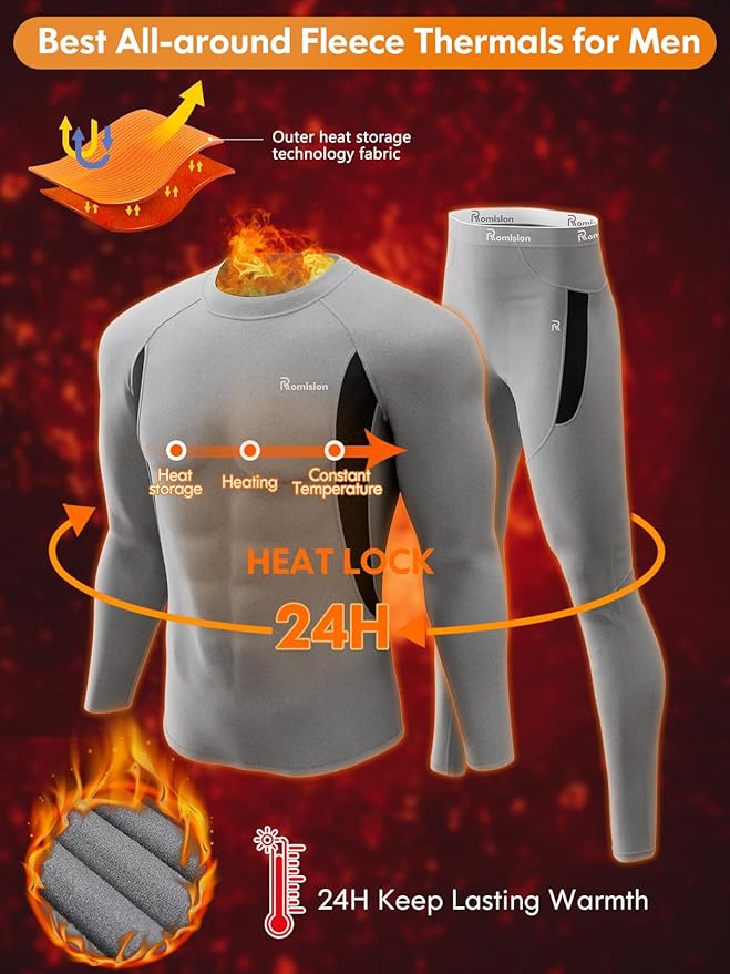 romision Thermal Underwear for Men Long Johns Fleece Lined Hunting Gear Bottom Top Set Base Layer for Cold Weather Gift